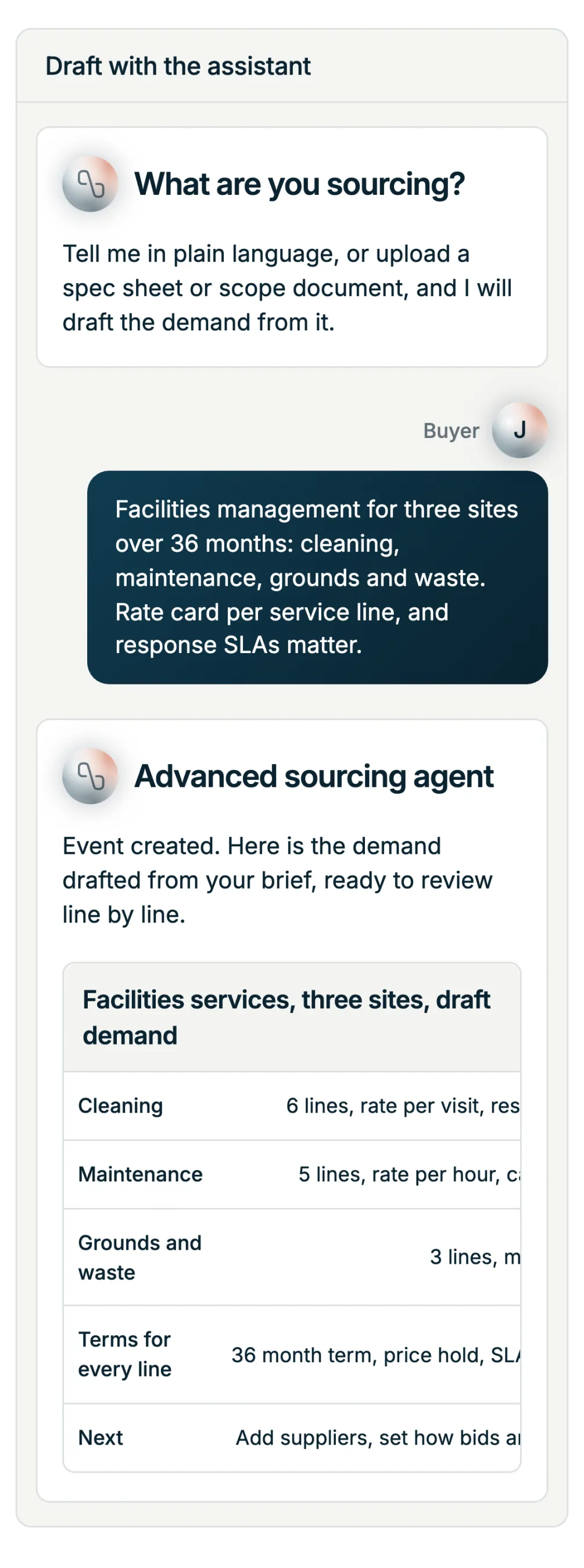 Illustration: a buyer describes a facilities services need in plain words and the Advanced Sourcing Agent creates the event and drafts the demand from it, sections, lines and terms, ready to review