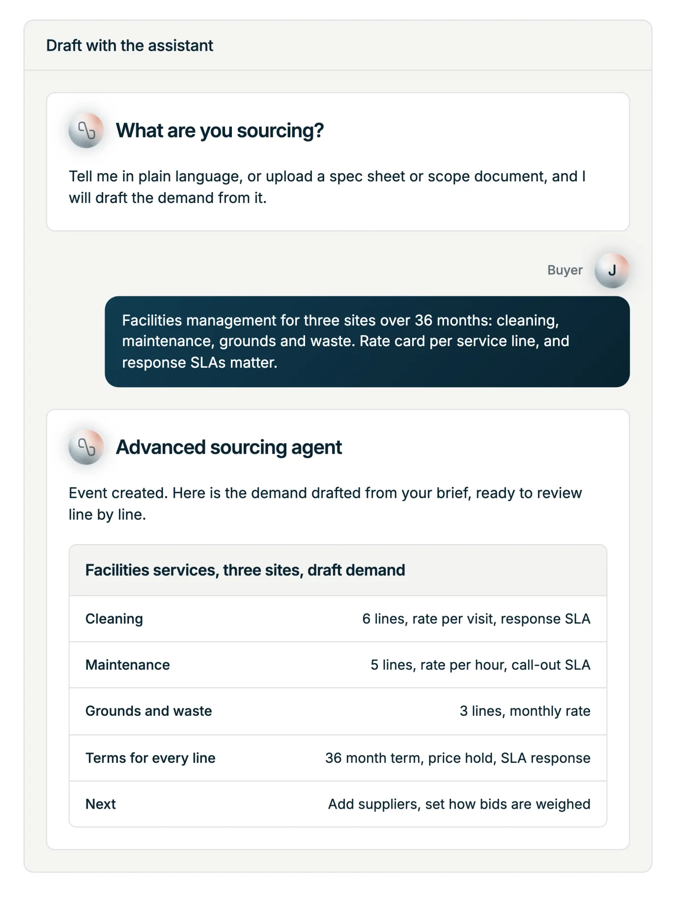 Illustration: a buyer describes a facilities services need in plain words and the Advanced Sourcing Agent creates the event and drafts the demand from it, sections, lines and terms, ready to review