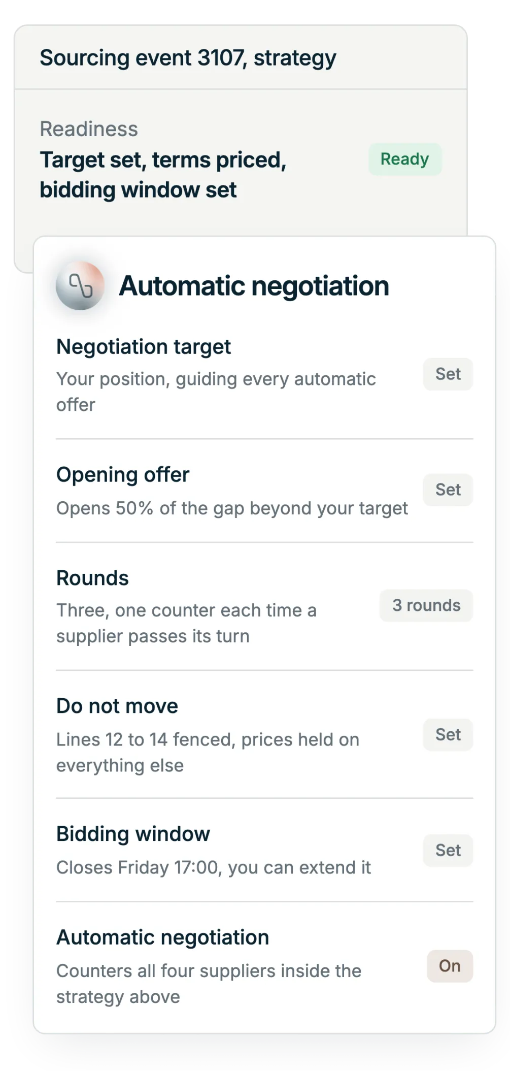 Illustration: the strategy panel for a sourcing event, with the buyer's negotiation target, opening offer, three rounds, lines fenced from movement, the bidding window and automatic negotiation switched on
