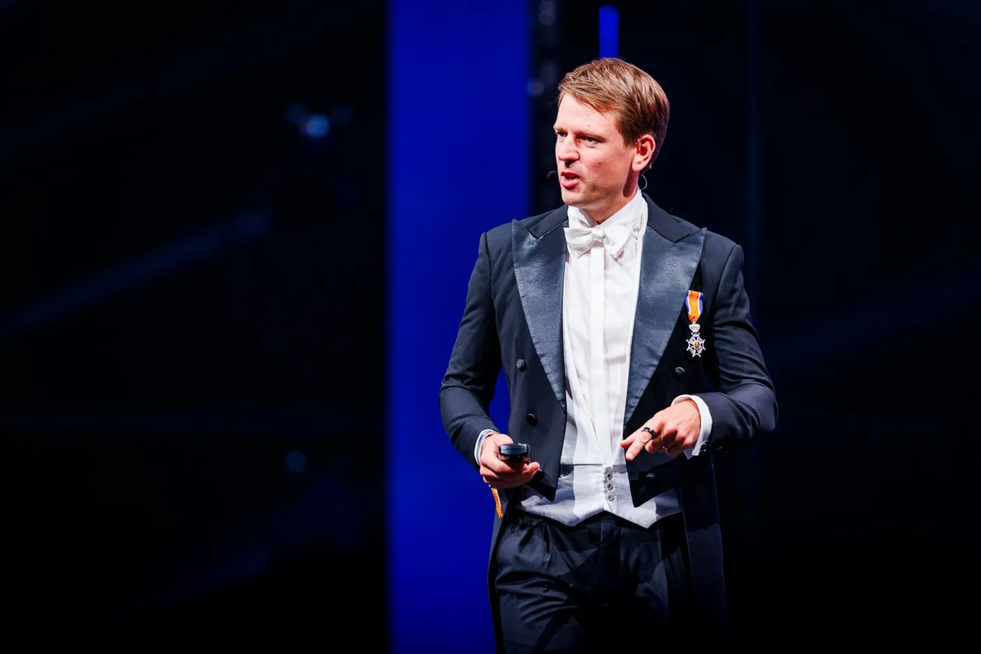 Kaspar Korjus mid-talk on the center stage