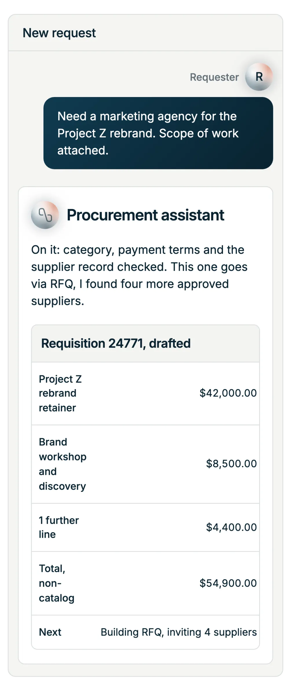 Illustration: a requester asks for a marketing agency for the Project Z rebrand and attaches the scope. The procurement assistant checks category, payment terms and the supplier record, drafts requisition 24771 and routes it to a request for quotation with four more approved suppliers