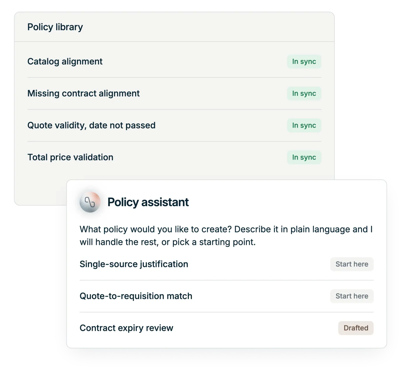 Illustration: the policy library with four policies in sync, and the policy assistant asking what policy to create in plain language, with three starting points and one drafted
